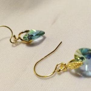 Tiny Blue Green Swarovski Heart And Gold Earrings