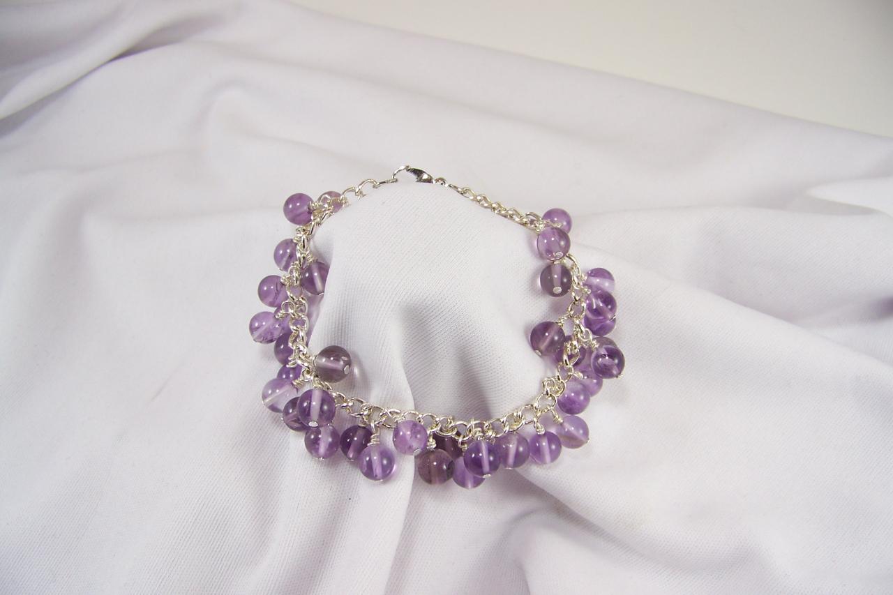Bunches Of Amethyst Grapes On Silver Bracelet