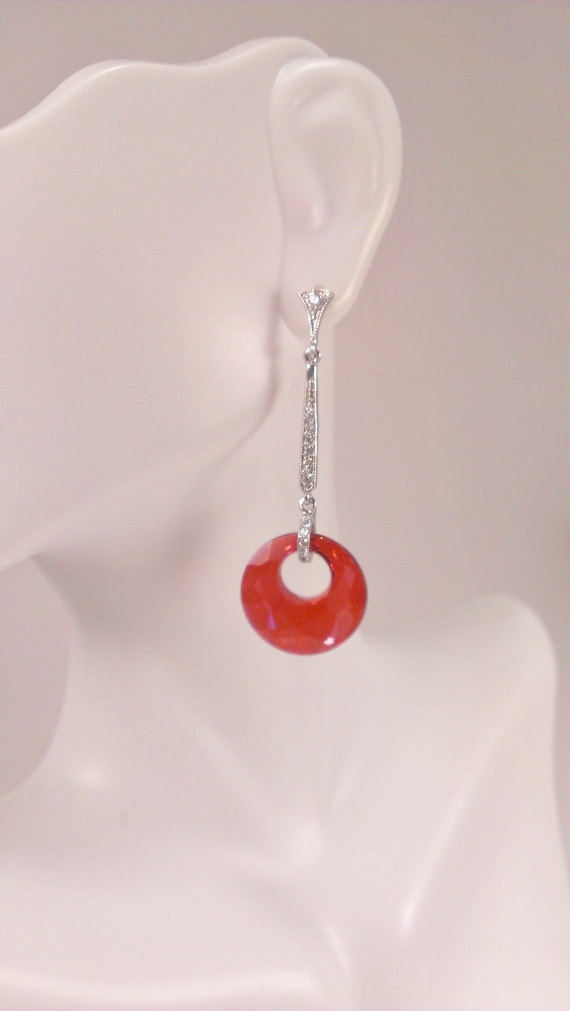 Silver Cubic Zirconia And Red Swarovski Crystal Earrings