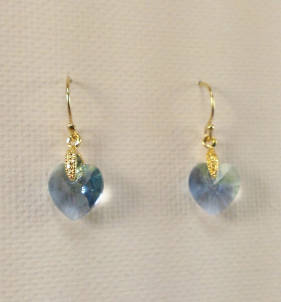 Tiny Blue Green Swarovski Heart And Gold Earrings